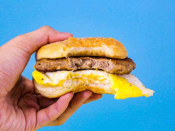 The breakfast roll bun is surprisingly good on this sandwich. Its chewy and soft texture with a hint of grain provides a much-needed contrast to the soft and savory sausage, egg, and cheese.