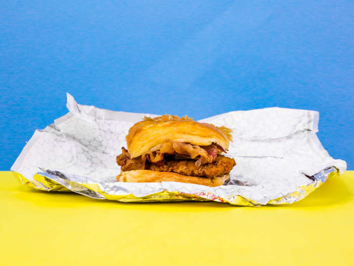 MAPLE BACON CHICKEN CROISSANT — Oh boy, here comes that chicken again. This is a croissant-wich with crispy chicken, maple butter, and plenty of bacon.