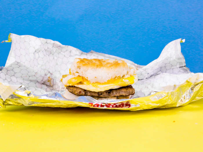 SAUSAGE EGG AND CHEESE BISCUIT — This is a biscuit cut in half and stuffed with Wendy