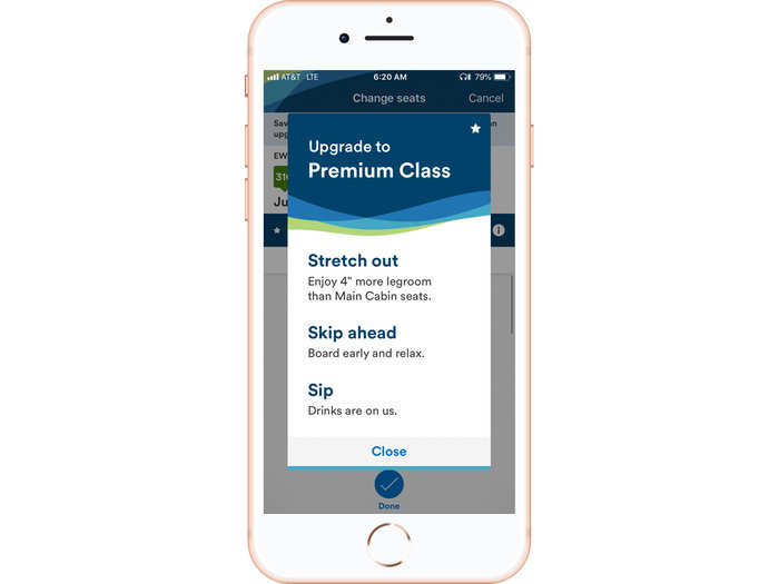 While scrolling through the app, it also informed me that for an additional $100, I could upgrade to premium class. For a sweet moment, I thought about this, but then I was swept back to reality when it was time to board.