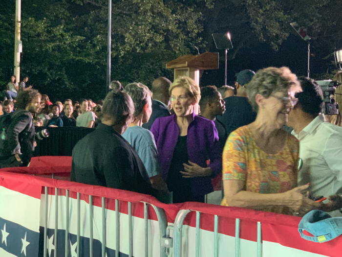 The selfie line was initially a muddled mess. But Warren stayed for over three hours to take pictures with supporters and the last one wrapped up as it neared midnight. Selfies with Warren are a campaign staple that will repeat the next day.