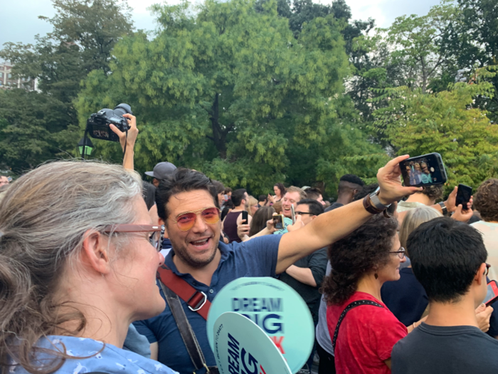 Warren campaign surrogates encouraged people to take selfies and upload them to social media as they warmed up the crowd for the Massachusetts senator.