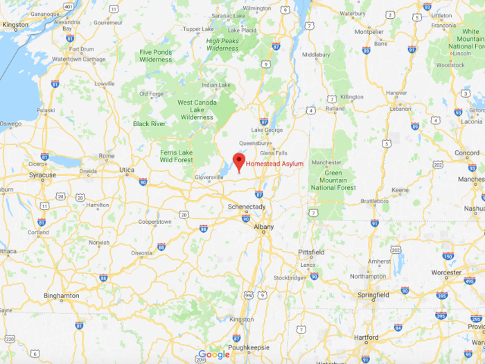 The property sits on over 28 acres of land in Providence, New York — roughly 45 miles north of Albany.