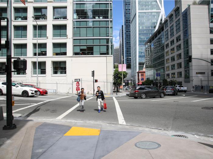 The four-lane roads are wide to accommodate the freeway exit — they weren