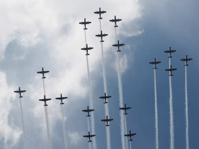 Lt. Karen Vanessa Velazquez Ruiz, the first woman in the Mexican air force to pilot an F-5 Tiger, flew an F-5 as the lead aircraft in the celebration.