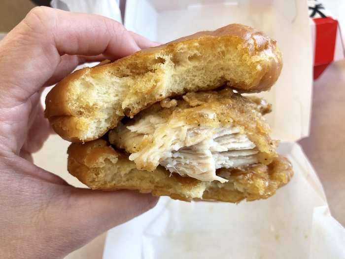 The savory flavoring of the chicken overpowered the sweetness of the doughnut in the best possible way.