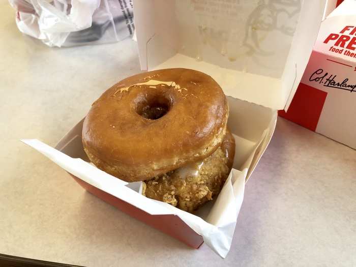 My order was ready within three minutes. As soon as I opened the box containing the chicken-and-doughnut sandwich, my senses were overwhelmed with an intensely sweet smell of sugar.