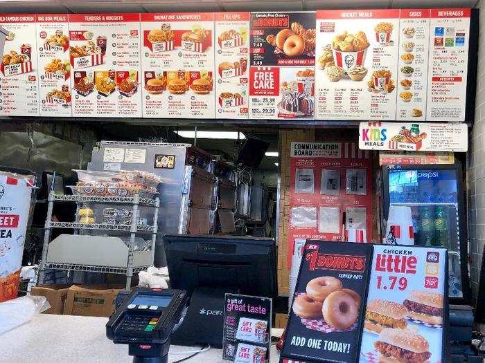 I ordered a chicken-and-doughnut sandwich combo meal for $7.99 and a three-piece chicken-tender basket with a donut for $5.49.