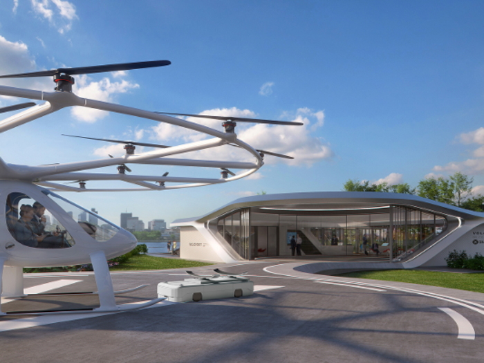 The port would serve as an air-taxi operations center that features takeoff and landing grounds, preflight checks and passenger lounges, and an operations and services center to maintain the Volocopters.