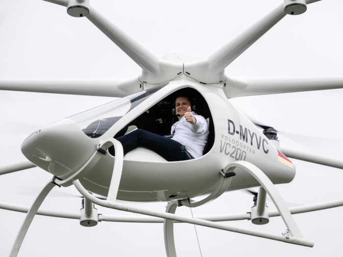 Volocopter claims the vehicle is quiet because the 19 rotors all operate in a “narrow frequency band” that sounds twice as loud as a single rotor.