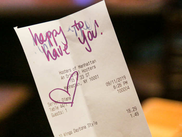 From my understanding, each check comes with a personalized flirty note from the server. Diana had circled her name with a heart, which was good because I hadn