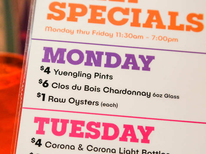 Once at my table, I looked through the menu. I was skeptical of both the chardonnay and the raw oysters advertised as Monday specials. Good thing it wasn