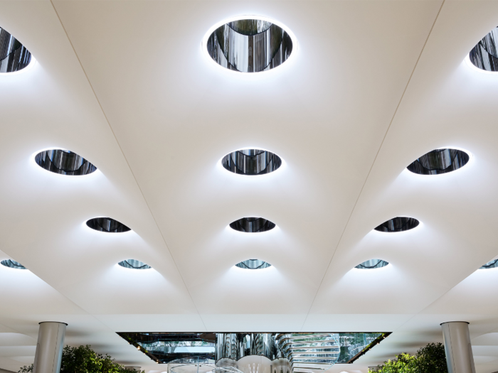 The updated store has 18 "sky lenses" — skylights that magnify the light filtering more of it into the store — and 62 skylights that naturally the space with outdoor light. You