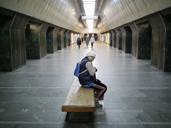 The system is also filled with seating. In this photo, a passenger takes a load off at the station of Dvorets Sporta, or Palace of Sport.