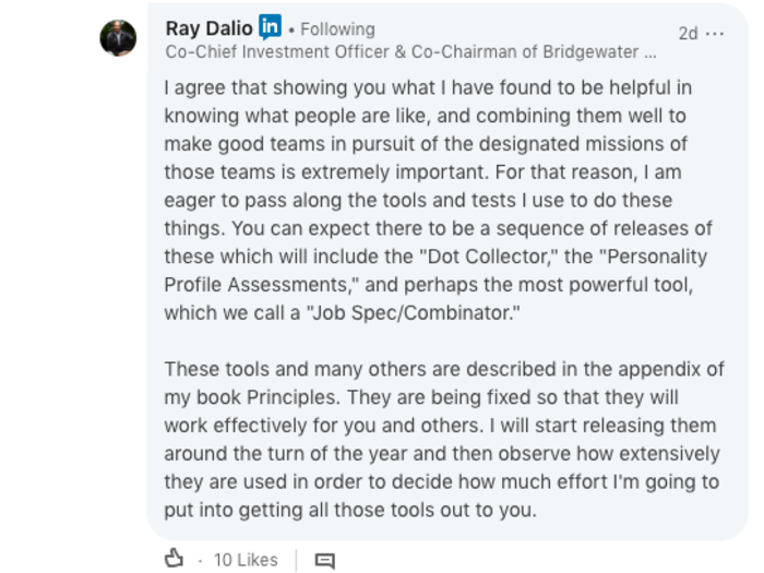 Dalio talked about some of the tools Bridgewater uses to ensure radical transparency, including the "Dot Collector" app, which employees use to rate one another during meetings.