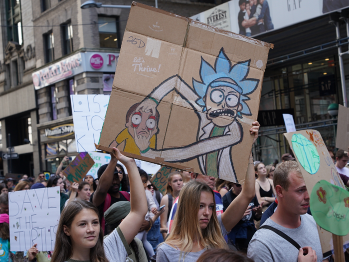 This sign features the eponymous characters from the TV show "Rick and Morty."