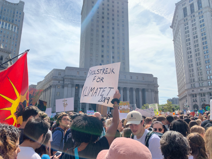 Before the march began, protesters gathered in Foley Square, many of them carrying replicas of Thunberg