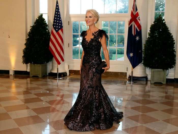 Counselor to the president Kellyanne Conway attended the evening solo without her husband George Conway, who is a frequent critic of Trump. She was wearing a $798 black feather-embellished Mac Duggal gown.