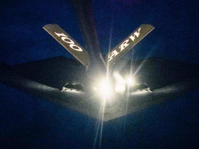 In the darkness on September 5, a B-2 met a US tanker over the Norwegian Sea. The bomber was on "an extended duration sortie over the Arctic Circle," US Air Forces Europe said. "This familiarization was the B-2’s first mission this far north in the European theater."