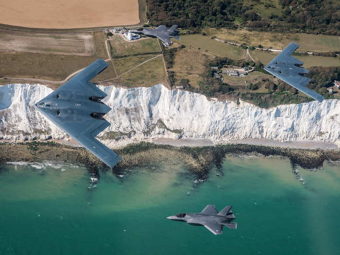 A day after the Iceland landing, B-2s flew along the English coast with Royal Air Force F-35Bs. It was the first time the stealth bomber had flown with the British Joint Strike Fighter — and with any non-US F-35.