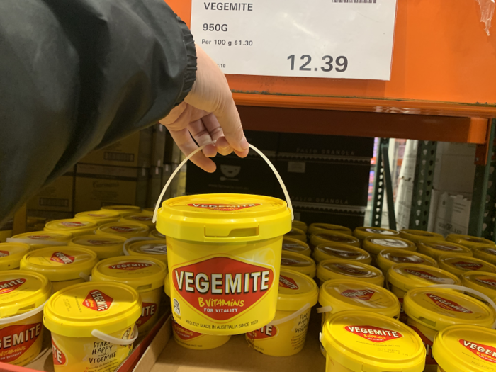 I finally came across an authentic Australian good in Costco dimensions — 950 grams of Vegemite for only $12.39, or $8.42 in US dollars. The marketing strategy with the handle was impressive, yet sadly, I resisted a purchase, and I still haven