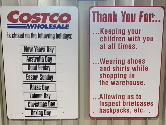 Before beginning my adventure inside the store, I noticed the warehouse rules, including a "no shirt, no shoes, no service" warning. The closure dates were also surprising to a foreigner with ​limited knowledge of Australian history. Who knew that boxing could be a national holiday?