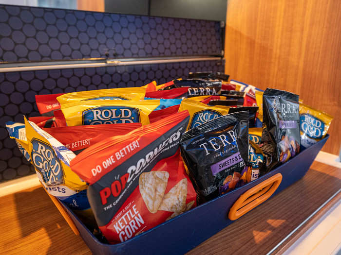 The pantry will be stocked with snacks and drinks during flights.