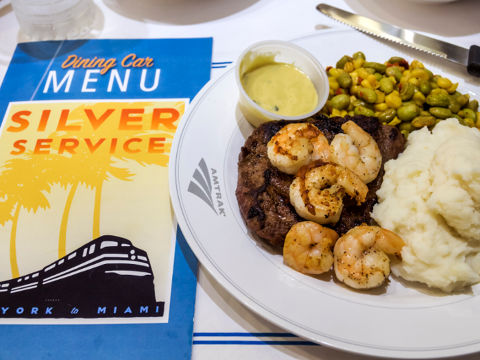 This photo, also shot in 2017, shows a typical Amtrak dinner of steak, shrimp, and mashed potatoes.