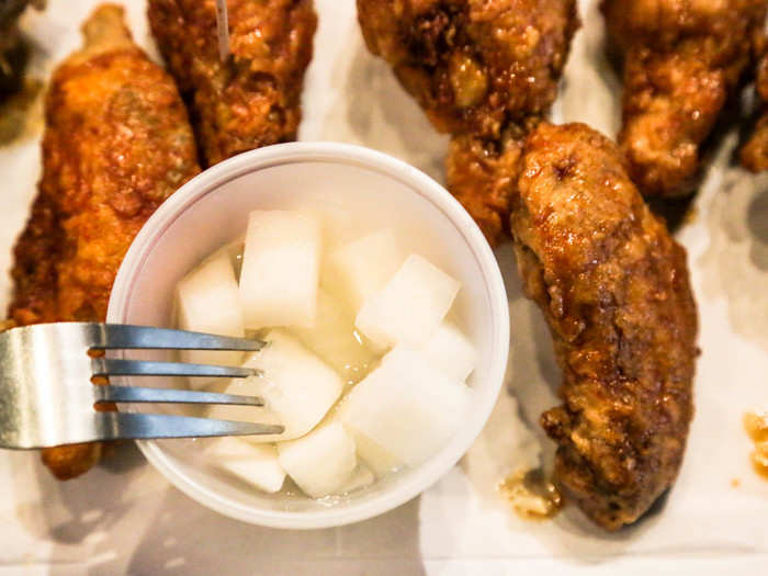 Instead of sauce and celery sticks or carrots, Bonchon offers a choice of pickled radish or coleslaw. I chose the pickled radish because pickled things give me life.