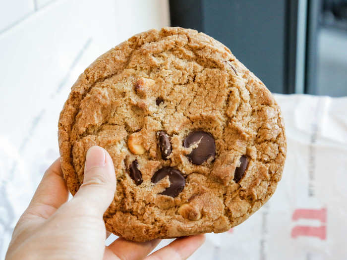  The triple chocolate chunk cookie has Ghirardelli chocolate chips and bits of white chocolate as well. The packaging excitedly specifies, "made with REAL butter." 