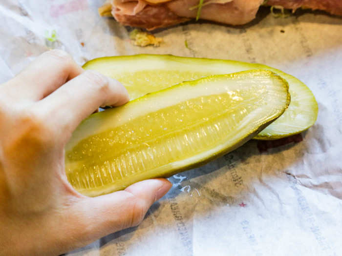 My pickle was gargantuan and came sliced lengthwise in two.