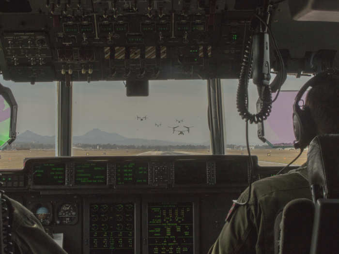 The KC-130J Hercules escorted the Osprey on each leg of the trans-Pacific journey, stopping at islands along the route where the aircrews could rest and refit and aircraft could be topped-off with fuel. The Hercules increased the range of the Ospreys by conducting air-to-air refueling, allowing the aircraft to make longer trips without landing.