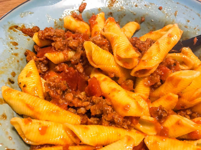 It tasted, too, like normal meat sauce and pasta. Perhaps it was missing that extra dose of pungent flavor that comes only from animal fat, but I didn