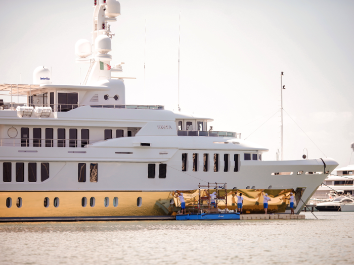 In addition to an on-board swimming pool outfitted with a glass waterfall and jacuzzi, the superyacht is also equipped with a full service spa and hair salon.