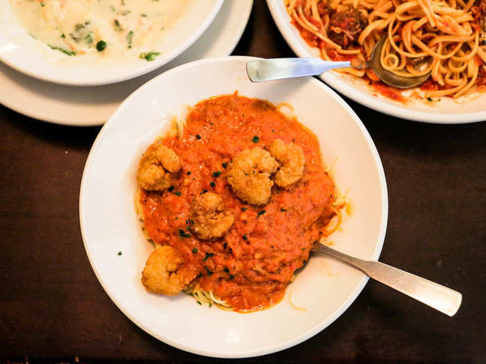 Carissa brought me her favorite pasta combination: angel hair pasta with cheesy marinara sauce and fried shrimp.