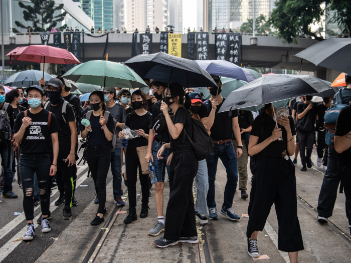 Many were dressed entirely in black. For them it was a day to mourn the future of Hong Kong. Along with the dress code, they used umbrellas as shields against the tear gas police threw.