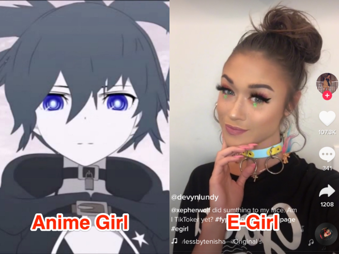 The e-girl aesthetic draws from characteristics of anime, where female characters are often skimpily dressed and fetishized as innocent, helpless victims. One TikToker referred to this as the "I