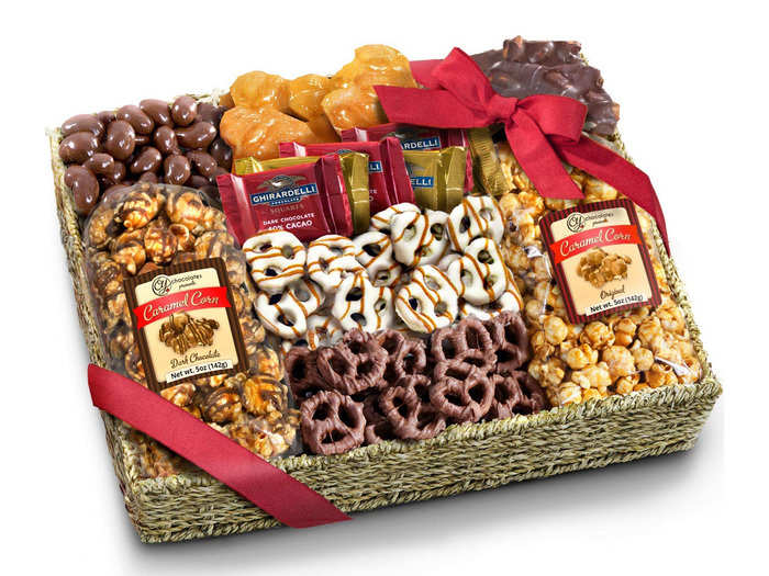 A delicious gift basket of caramel, chocolate, and crunchy gourmet treats