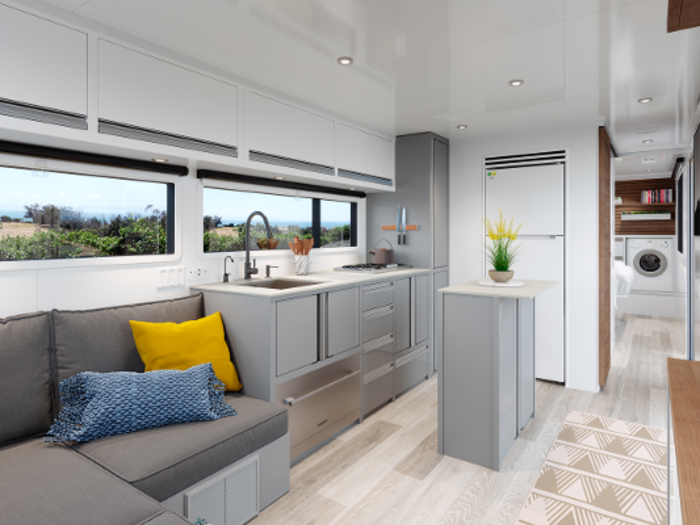 The interior has oversized windows, skylights, and an 8-inch sliding glass door. The trailer maker hopes it will allow owners to “experience the empowering beauty of nature inside the comfort of your home.”