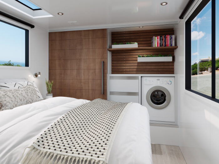 The bedroom has a skylight and a 10-inch memory foam mattress on a queen bed. There’s also an optional home theatre with Sonos surround sound add-on to turn the bedroom into a home theater.