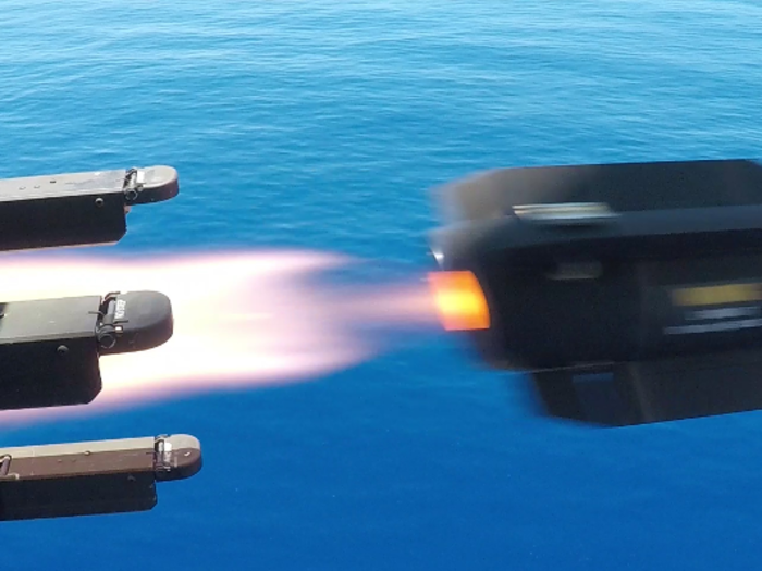 An MH-60S Sea Hawk helicopter fired Hellfire missiles at the USS Ford.