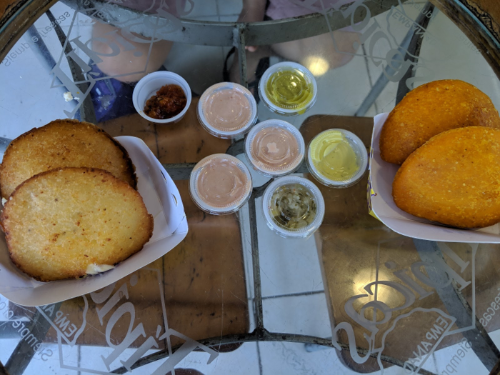 When we ate out, we found low-cost street food, like empanadas and arepas.