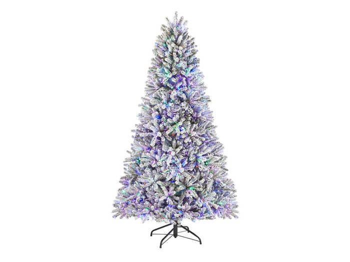 A pre-lit flocked Fraser Christmas tree with 1,500 multicolor lights