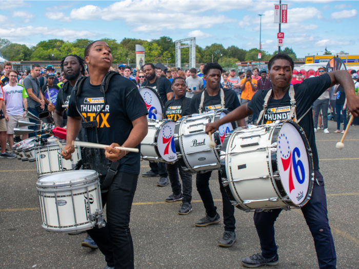 The Philadelphia 76ers drumline put on a show in the middle of the festivities. When the arena doors opened, led fans on a march from the tailgate to the stadium.