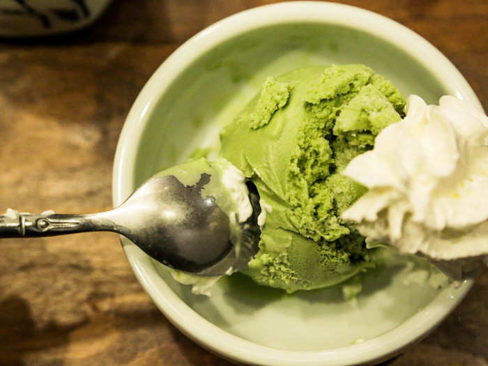 The green tea ice cream was probably store-bought but definitely the tastiest part of this meal. It was also the only part of the meal I could see my Chinese-American parents enjoying.