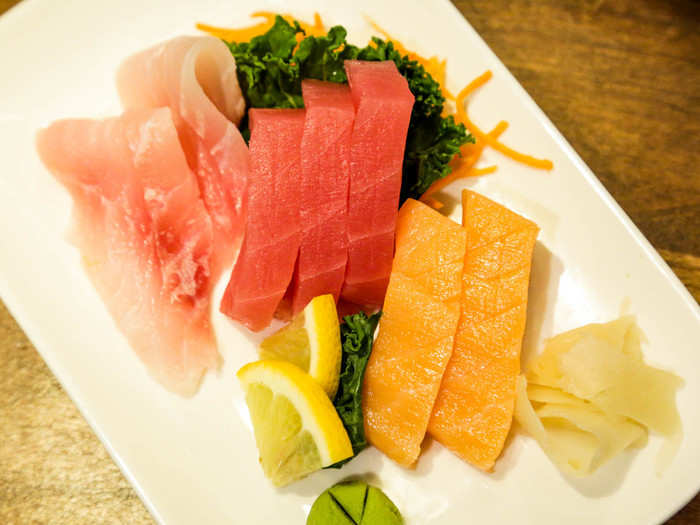 The sashimi looked clean and uniformly cut, although it lacked the fatty sheen I look for in raw fish.