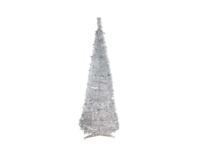 A silver tinsel tree that pops up in seconds