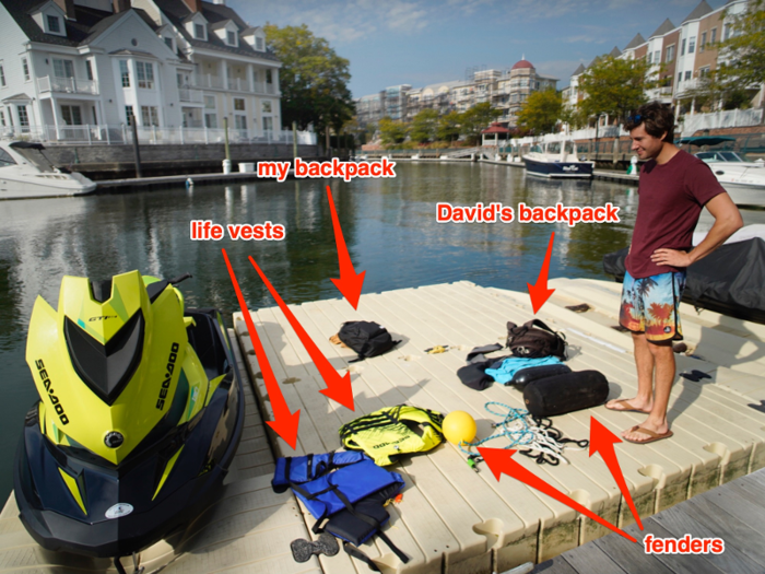 This is everything David and I brought with us to Brooklyn — two backpacks, two life vests, two fenders, and some rope.