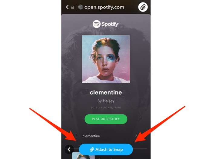 ... will pull up the song. All you have to do is press "attach to Snap" on the bottom to add the link to your Snap.