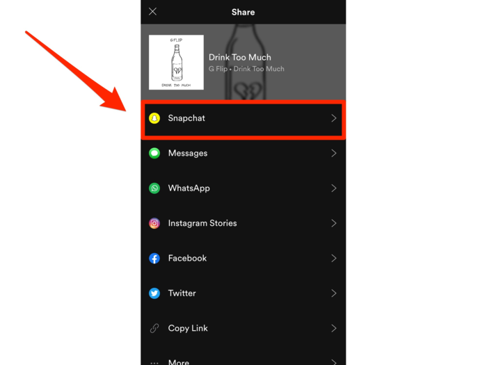 But this list of options for sharing music also includes Snapchat. Snapchat has long been an option appearing this menu, but it previously would just open Snapchat and try to plug a URL onto the screen. That
